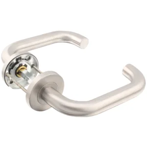 Return To Door Handle Lever on Round Rose FD30/60 - 19mm Lever 52x8mm Sprung Rose - Satin Stainless Steel BS EN 1906 : 2010 Grade 3